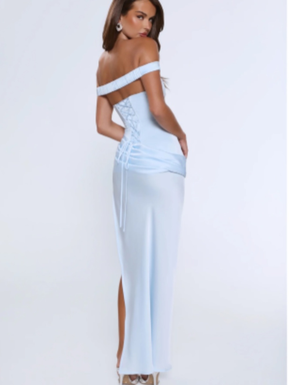 Off Shoulder Satin Maxi Dress - Light Blue